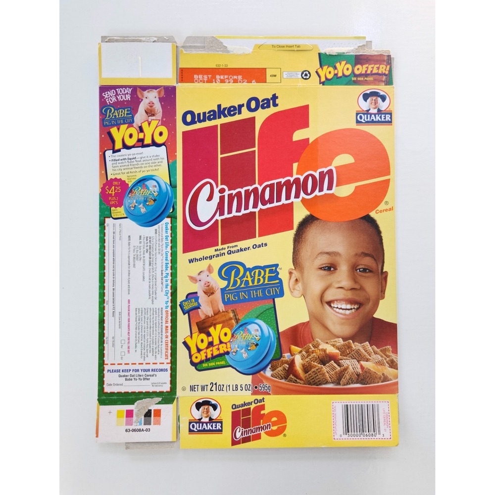 1998 Quaker Cinnamon Life Vanilla Cereal Box - Babe Pig In The City Yo-Yo Offer